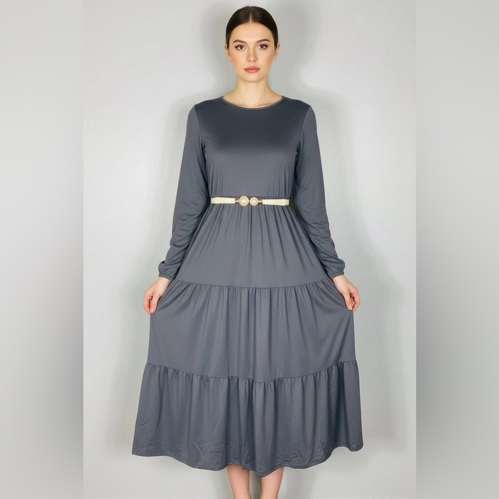 Long Sleeve Tiered Maxi Dress in Charcoal Gray
